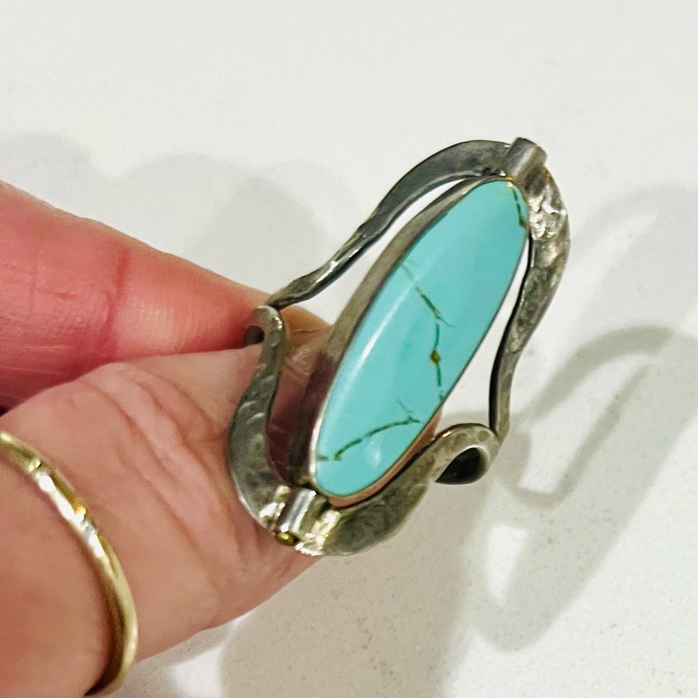 RARE VTG Reversible Artisan Ring, Tibetan Silver,Dual Turquoise Cabochons, Sz 9 - Picture 3 of 11